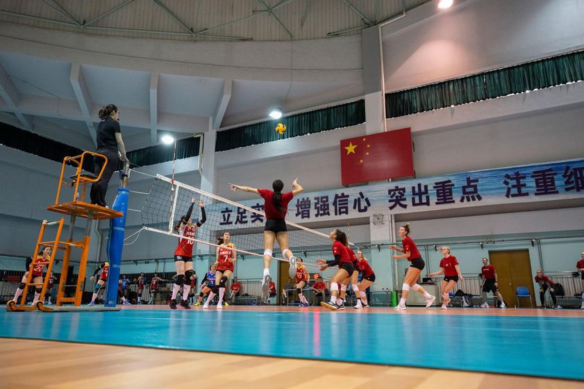 Capri Davis, a sophomore outside hitter, rises above the net against Shanghai Bright Ubest. NEBRASKA ATHLETICS