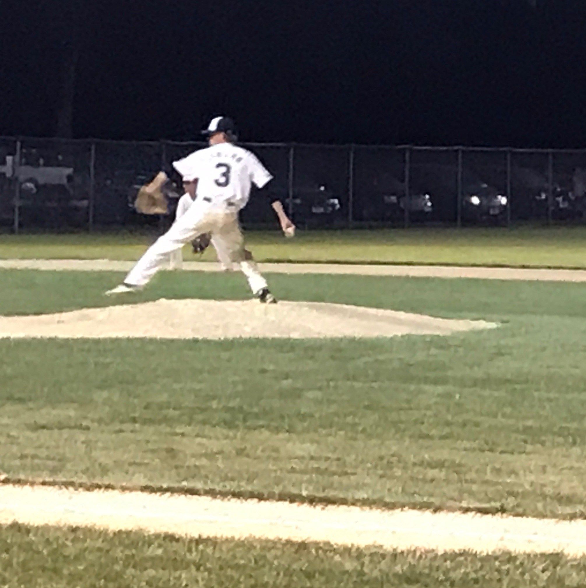 Beatrice's Griffen Vater throws a pitch in the seventh and final inning of the ExMark Seniors' 5-0 win over Fairbury Tuesday night at Quinn Field.