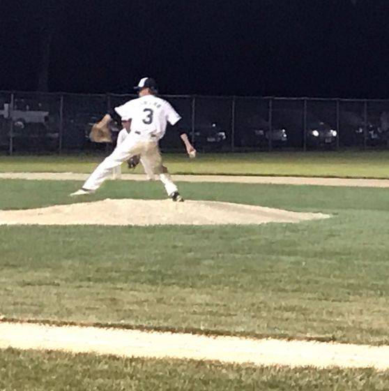 Beatrice's Griffen Vater throws a pitch in the seventh and final inning of the ExMark Seniors' 5-0 win over Fairbury Tuesday night at Quinn Field.
