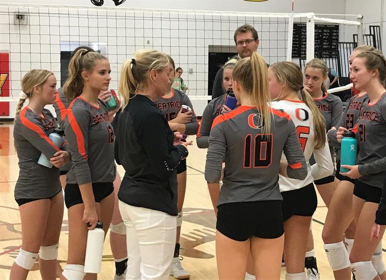 Beatrice head coach Melissa Carper addresses her team after a 3-0 sweep at Fairbury Thursday. The Lady Orangemen have now won six of their last seven matches.