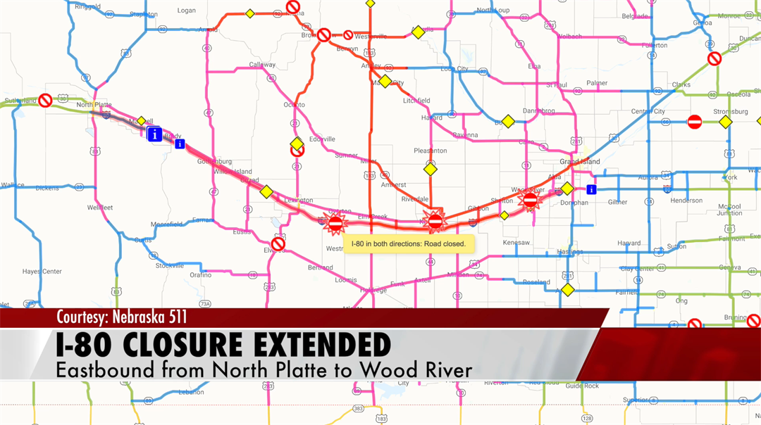Eastbound closure on I80 extended from North Platte to Wood River