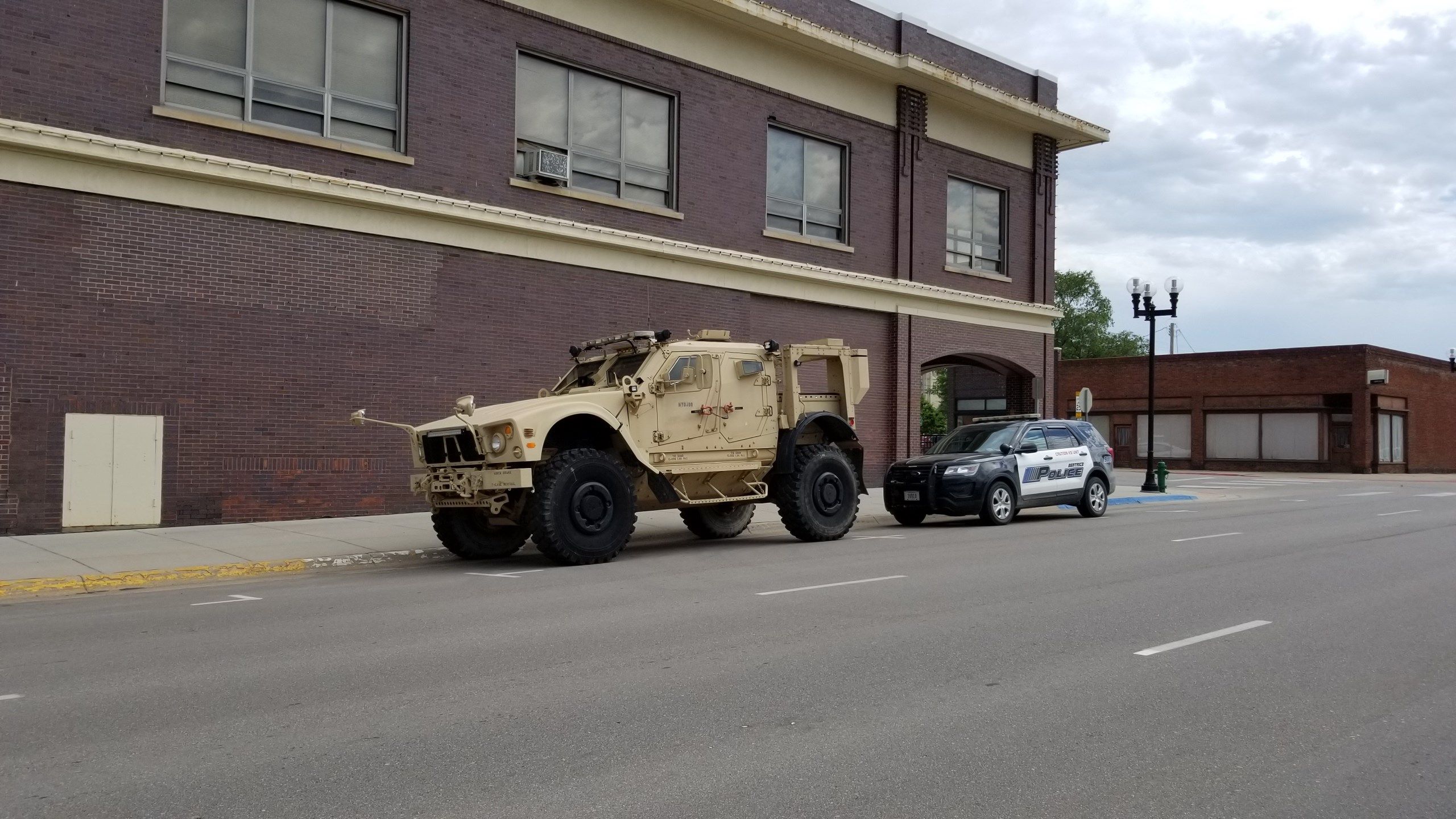 BPD military vehicle, outside police HQ
