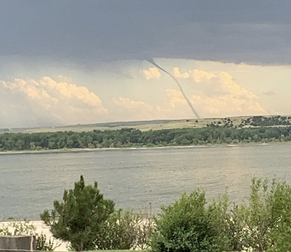 A photo of a land spout tornado is taken from the north side of Lake McConaughy.