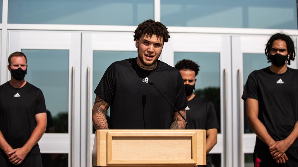Teddy Allen speaks to the media on behalf of the Husker basketball team.
