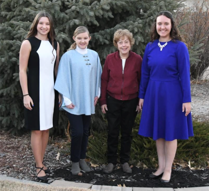 From left to right, Deanna Horst, Kourtney Keller, Nancy Rexroth and Felicity Beyer. Deanna, Kourtney and Felicity are modeling their sewing projects for the Nebraska State Make It With Wool Contest.