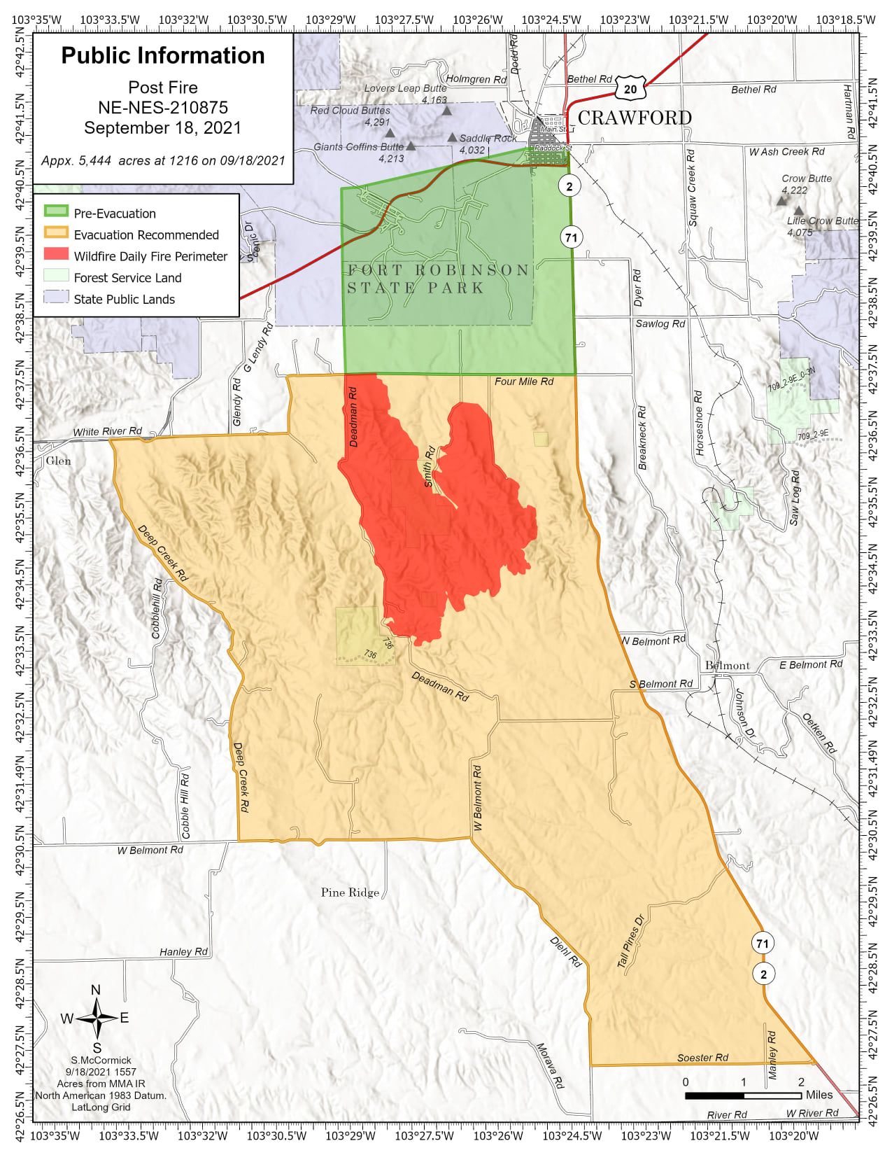 This map shows where the Post Fire is burning and current recommended evacuations of as 8 p.m. Saturday, September 18. Photo Courtesy: Nebraska National Forests and Grasslands.
