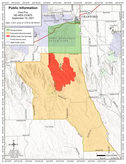 This map shows where the Post Fire is burning and current recommended evacuations of as 8 p.m. Saturday, September 18. Photo Courtesy: Nebraska National Forests and Grasslands.