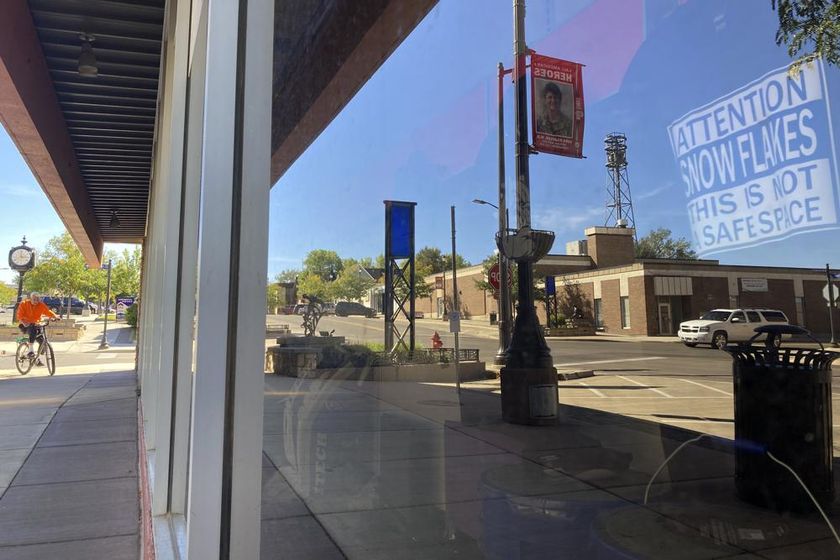 A shirt makes a political statement in a storefront in Gillette, Wyo. on Tuesday, Sept. 21, 2021.
