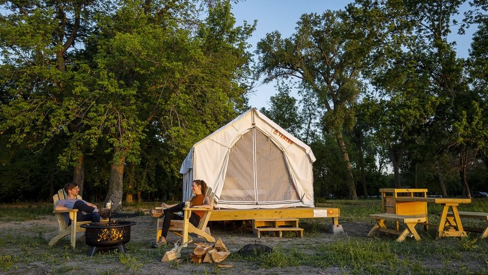 Louisville State Recreation Area now offers Tentrr camping, which include spacious canvas safari platform tents with beds. The sites also include Adirondack chairs and fire pits.